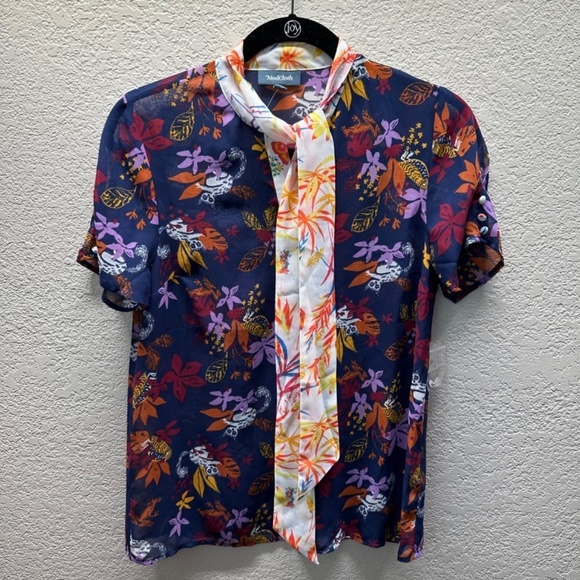 Modcloth Short Sleeve Top Sheer Floral Lemur Frogs & Parrot Print Womens S NEW - Picture 8 of 15